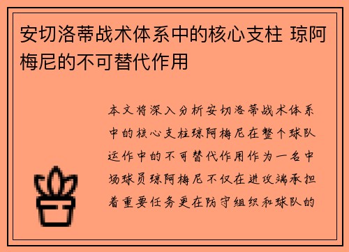 安切洛蒂战术体系中的核心支柱 琼阿梅尼的不可替代作用