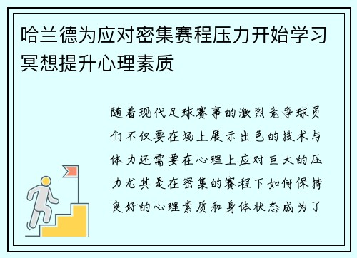 哈兰德为应对密集赛程压力开始学习冥想提升心理素质 哈兰德为应对密集赛程压力开始学习冥想提升心理素质
