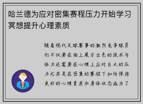 哈兰德为应对密集赛程压力开始学习冥想提升心理素质